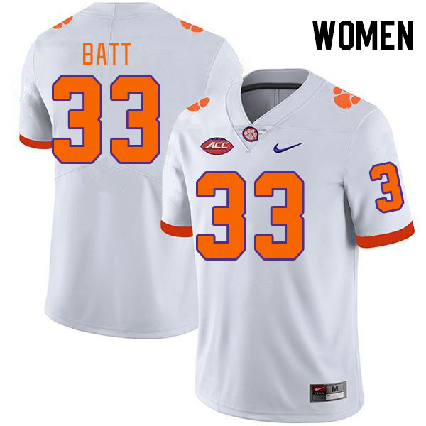 Women #33 Griffin Batt Clemson Tigers College Football Jerseys Stitched-White - Click Image to Close